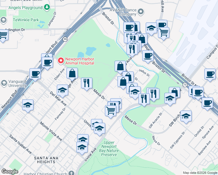map of restaurants, bars, coffee shops, grocery stores, and more near 20432 Santa Ana Avenue in Newport Beach