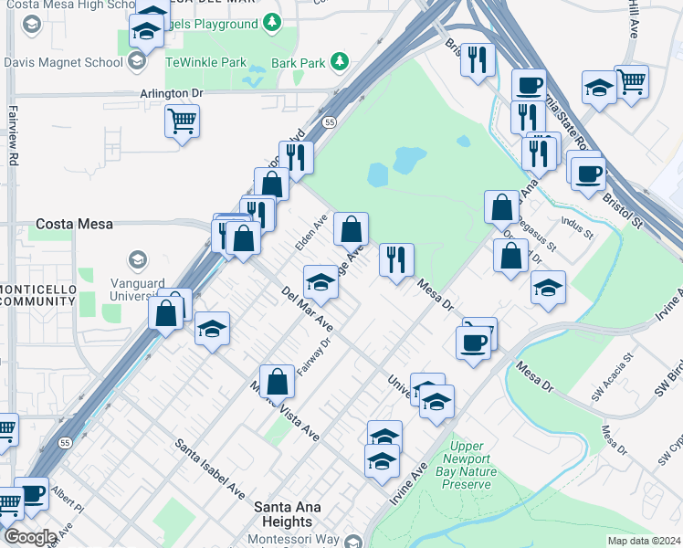 map of restaurants, bars, coffee shops, grocery stores, and more near 201 Fairway Place in Costa Mesa