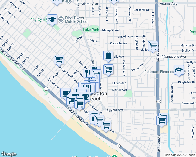 map of restaurants, bars, coffee shops, grocery stores, and more near 514 Lake Street in Huntington Beach