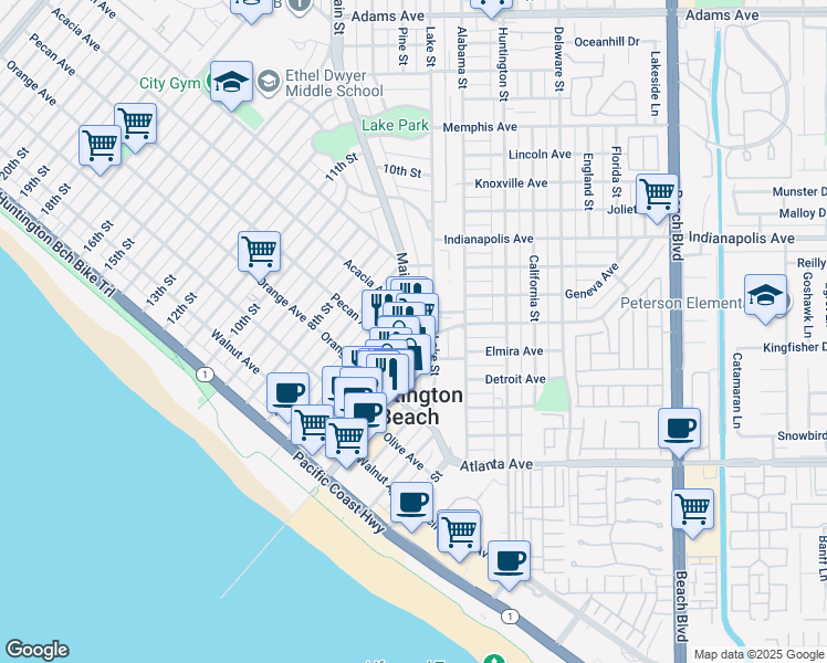 map of restaurants, bars, coffee shops, grocery stores, and more near 501 Main Street in Huntington Beach