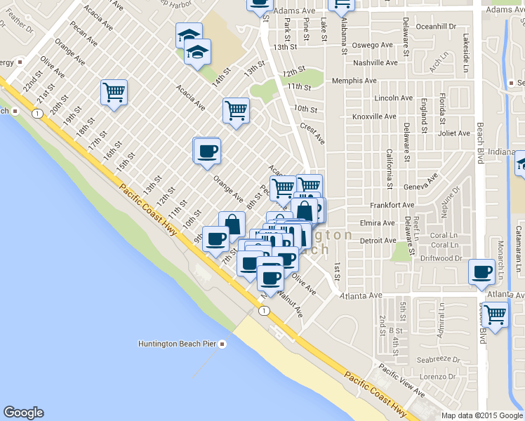map of restaurants, bars, coffee shops, grocery stores, and more near 327 7th Street in Huntington Beach