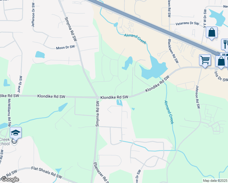 map of restaurants, bars, coffee shops, grocery stores, and more near Maplewood Lane in Conyers