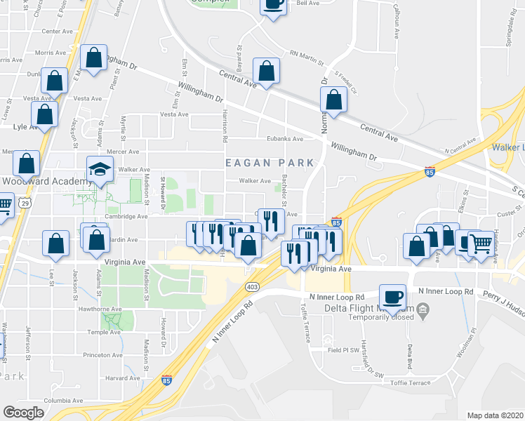 map of restaurants, bars, coffee shops, grocery stores, and more near 1312 Cambridge Avenue in East Point