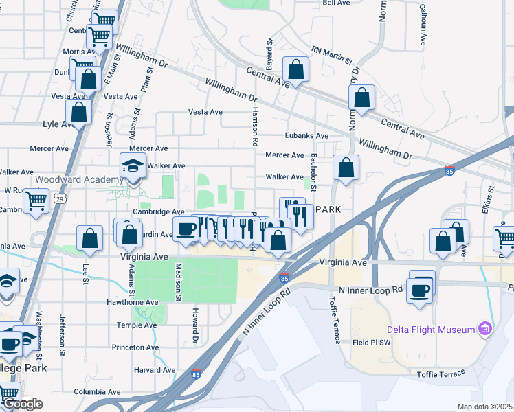 map of restaurants, bars, coffee shops, grocery stores, and more near 3445 Harrison Road in Atlanta