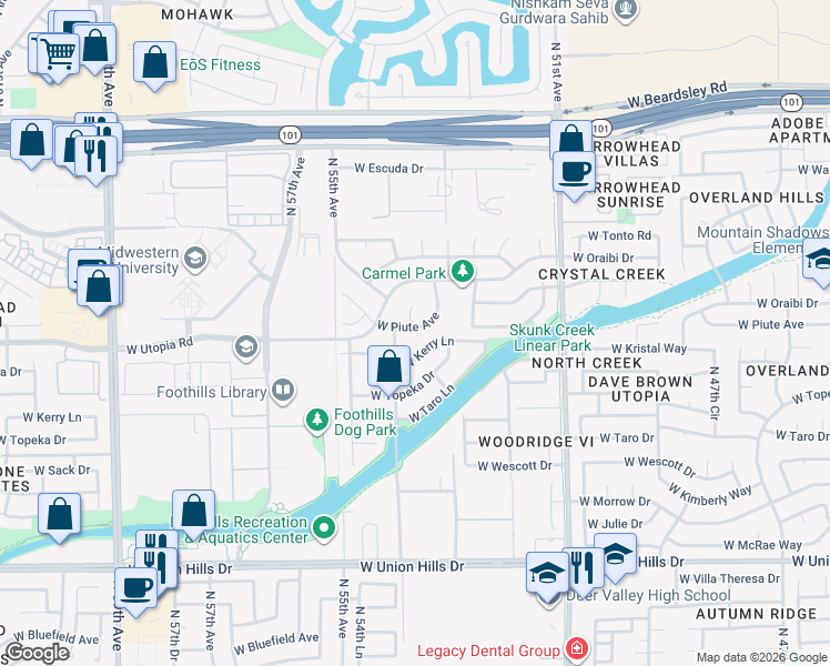 map of restaurants, bars, coffee shops, grocery stores, and more near 5351 West Kerry Lane in Glendale
