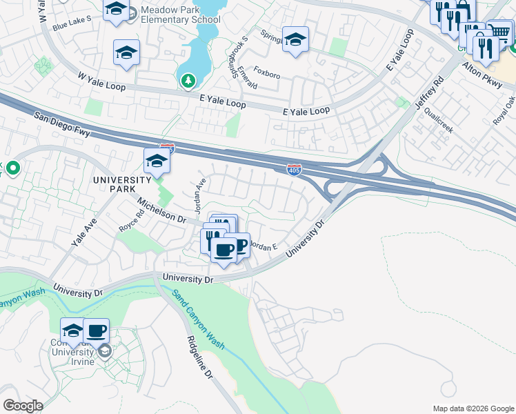 map of restaurants, bars, coffee shops, grocery stores, and more near Dogwood South in Irvine