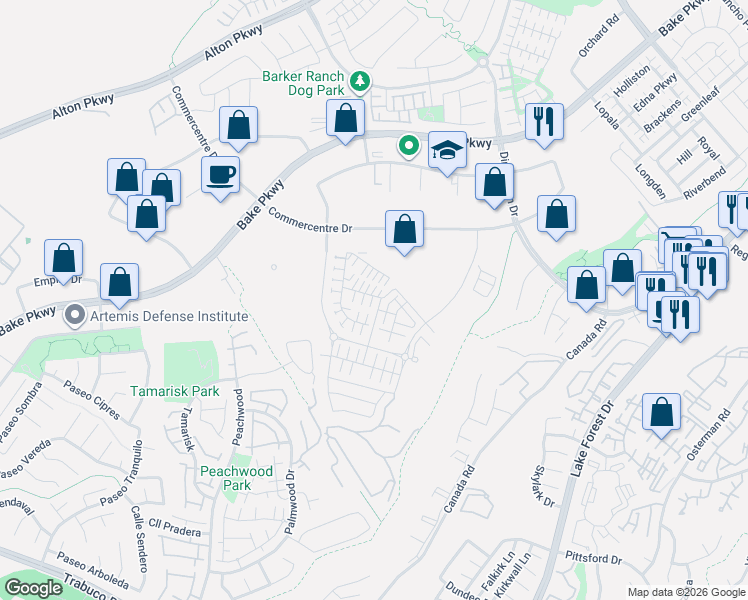 map of restaurants, bars, coffee shops, grocery stores, and more near 269 Siena in Lake Forest