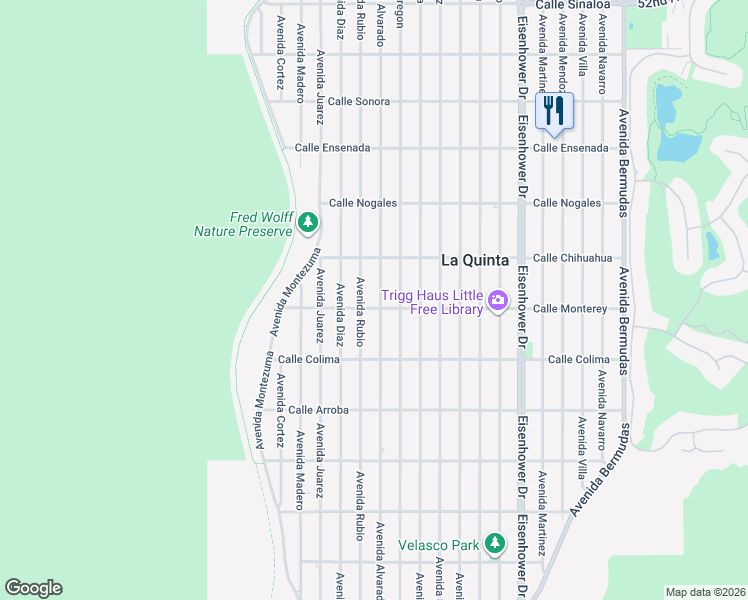 map of restaurants, bars, coffee shops, grocery stores, and more near 53215 Avenue Alvarado in La Quinta