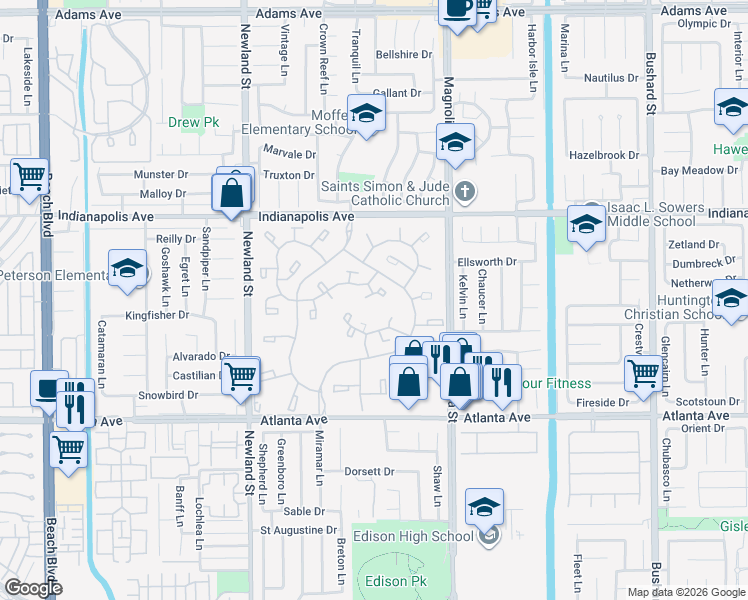 map of restaurants, bars, coffee shops, grocery stores, and more near 8877 Tulare Drive in Huntington Beach