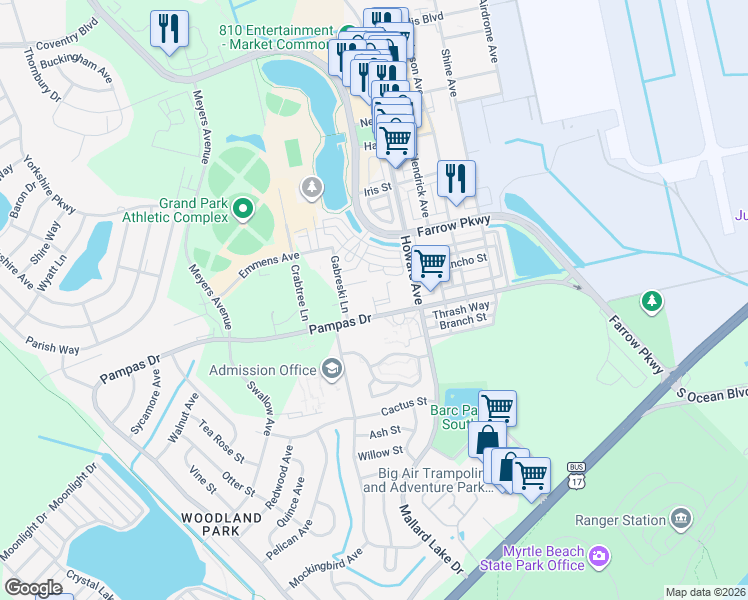 map of restaurants, bars, coffee shops, grocery stores, and more near 3531 Pampas Drive in Myrtle Beach