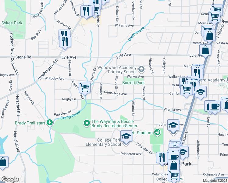 map of restaurants, bars, coffee shops, grocery stores, and more near 2120 Cambridge Avenue in College Park
