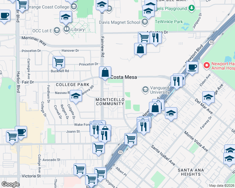 map of restaurants, bars, coffee shops, grocery stores, and more near 2408 Minuteman Way in Costa Mesa