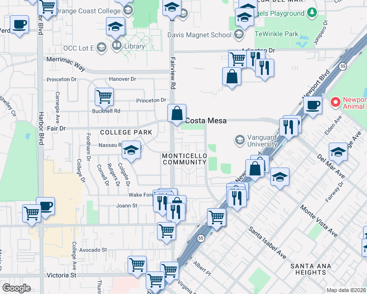 map of restaurants, bars, coffee shops, grocery stores, and more near 2422 Richmond Way in Costa Mesa
