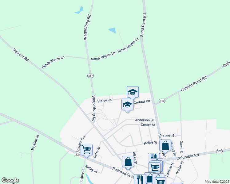 map of restaurants, bars, coffee shops, grocery stores, and more near 133 Staley Road in Wagener