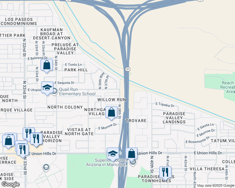 map of restaurants, bars, coffee shops, grocery stores, and more near 3770 East Kristal Way in Phoenix