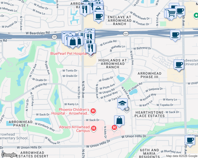 map of restaurants, bars, coffee shops, grocery stores, and more near 6585 West Oraibi Drive in Glendale