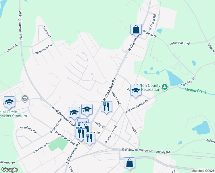 map of restaurants, bars, coffee shops, grocery stores, and more near 435 North Cherokee Road in Social Circle