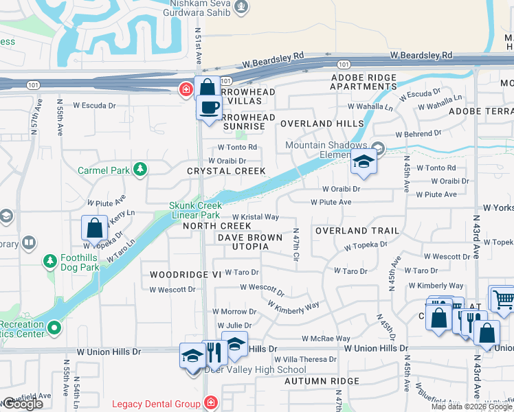map of restaurants, bars, coffee shops, grocery stores, and more near 4832 West Kristal Way in Glendale