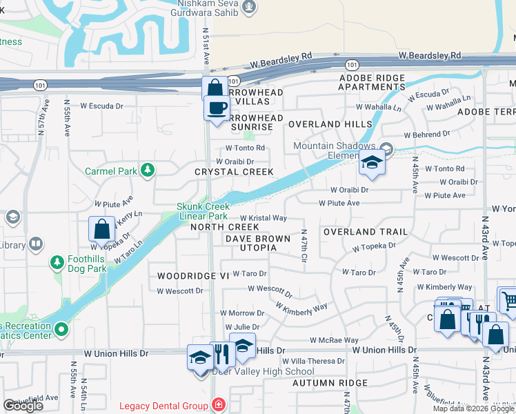 map of restaurants, bars, coffee shops, grocery stores, and more near 4835 West Piute Avenue in Glendale