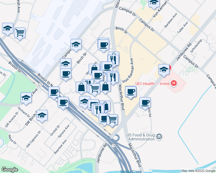 map of restaurants, bars, coffee shops, grocery stores, and more near 1300 Dove Street in Newport Beach
