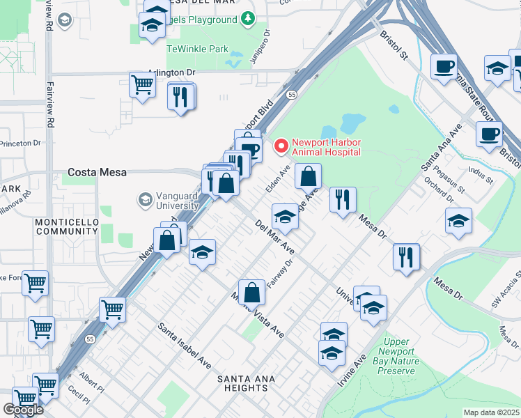 map of restaurants, bars, coffee shops, grocery stores, and more near 176 Del Mar Avenue in Costa Mesa