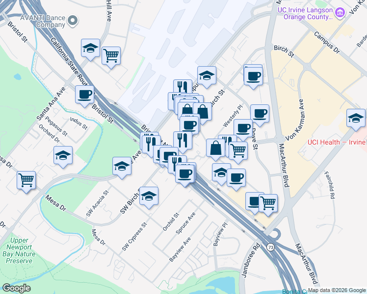 map of restaurants, bars, coffee shops, grocery stores, and more near 3620 Birch Street in Newport Beach