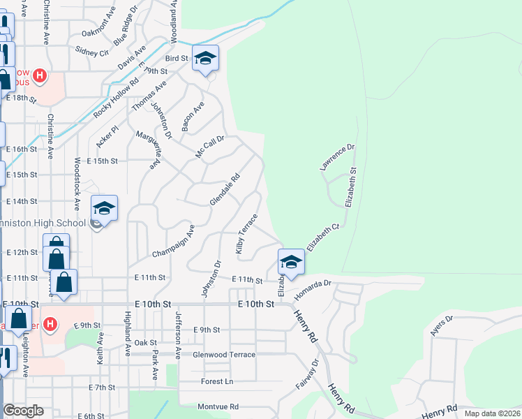 map of restaurants, bars, coffee shops, grocery stores, and more near 1309 Kilby Terrace in Anniston
