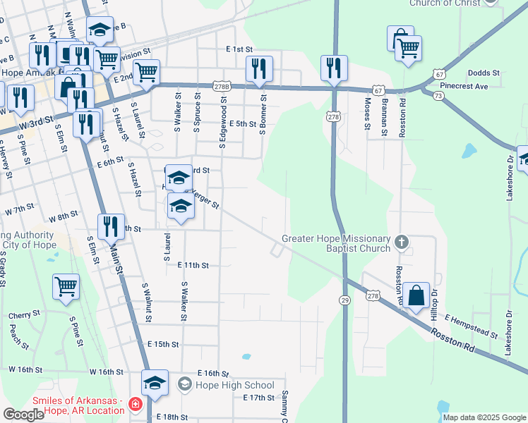 map of restaurants, bars, coffee shops, grocery stores, and more near 808 South Bonner Street in Hope