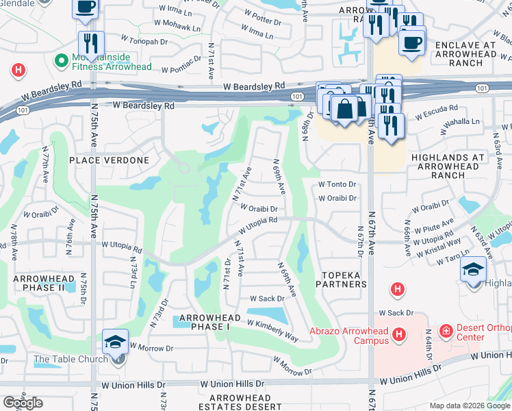 map of restaurants, bars, coffee shops, grocery stores, and more near 7010 West Oraibi Drive in Glendale
