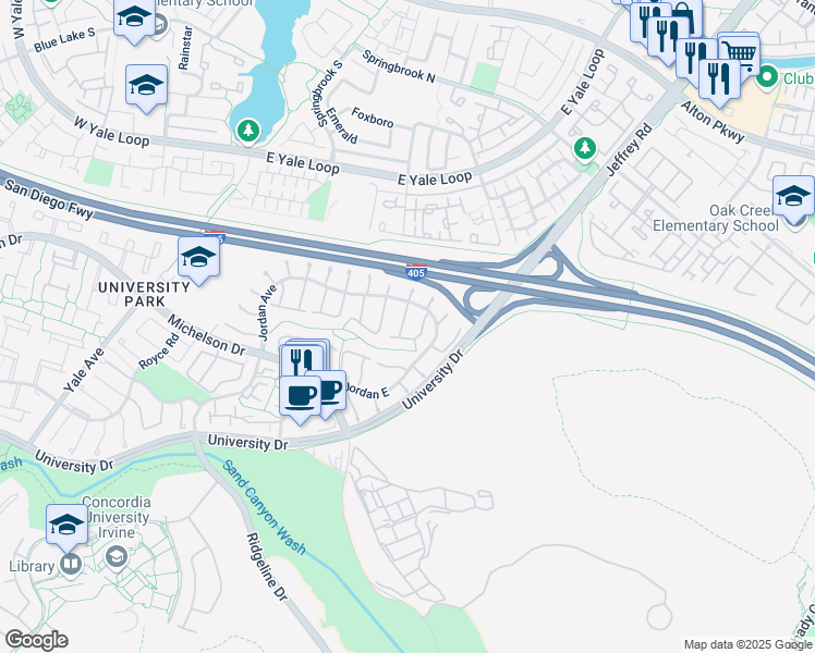 map of restaurants, bars, coffee shops, grocery stores, and more near 13 Camphor South in Irvine