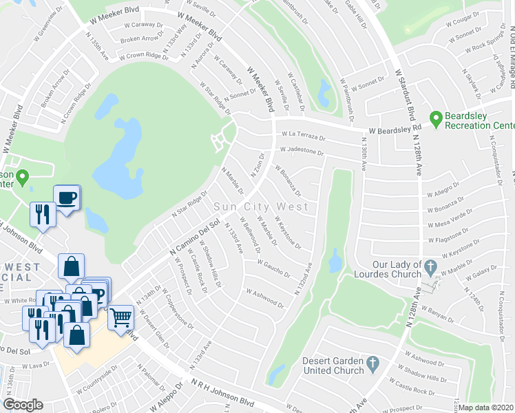 map of restaurants, bars, coffee shops, grocery stores, and more near 13244 West Marble Drive in Sun City West