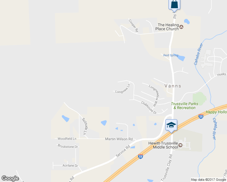 map of restaurants, bars, coffee shops, grocery stores, and more near 5844 Longview Lane in Trussville
