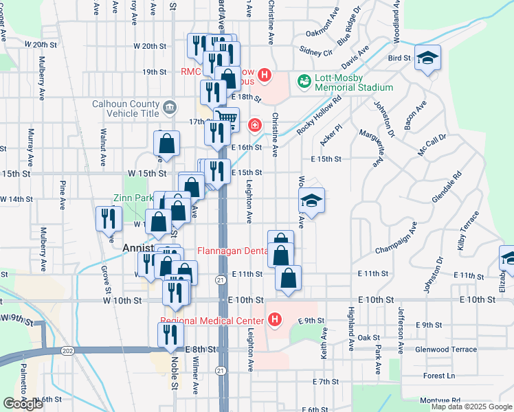 map of restaurants, bars, coffee shops, grocery stores, and more near 1327 Leighton Avenue in Anniston