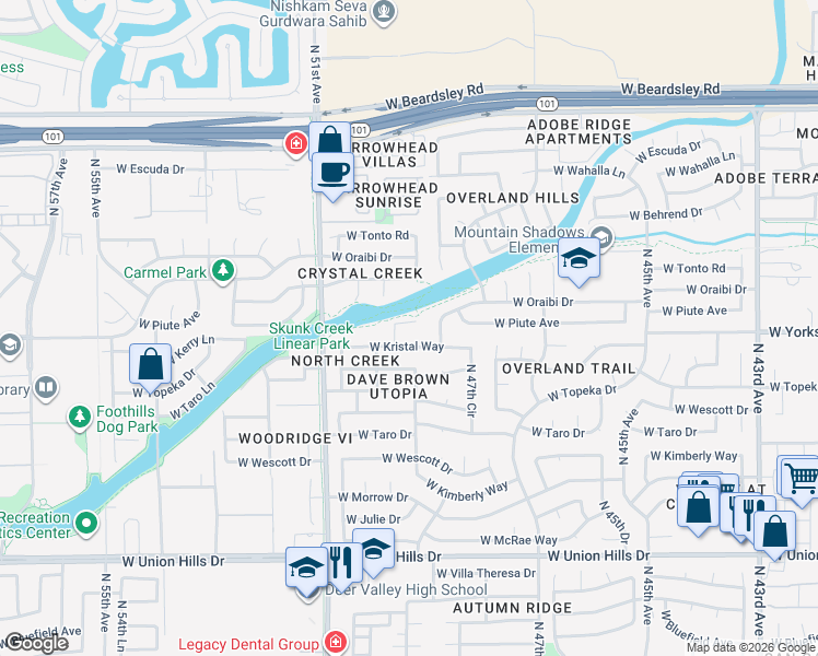 map of restaurants, bars, coffee shops, grocery stores, and more near 4832 West Kristal Way in Glendale