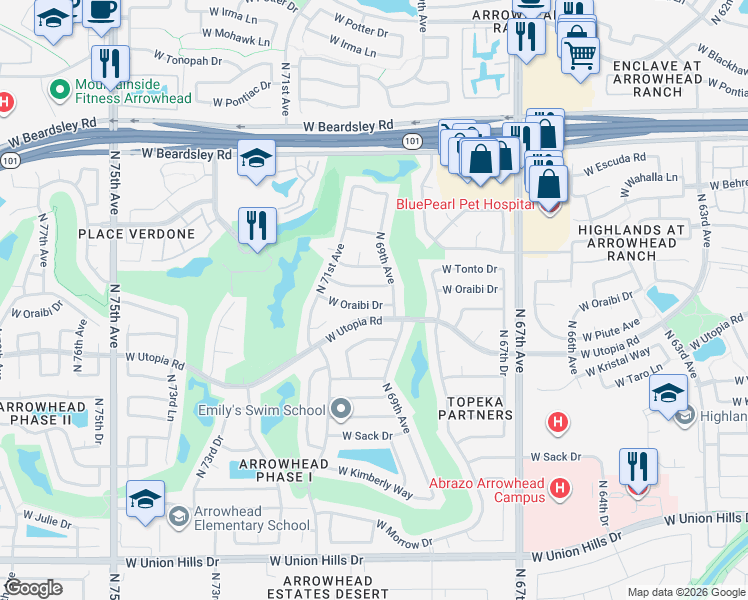 map of restaurants, bars, coffee shops, grocery stores, and more near 6915 West Oraibi Drive in Glendale