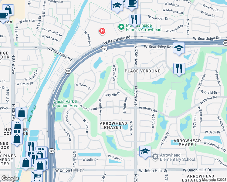 map of restaurants, bars, coffee shops, grocery stores, and more near 7720 West Oraibi Drive in Glendale