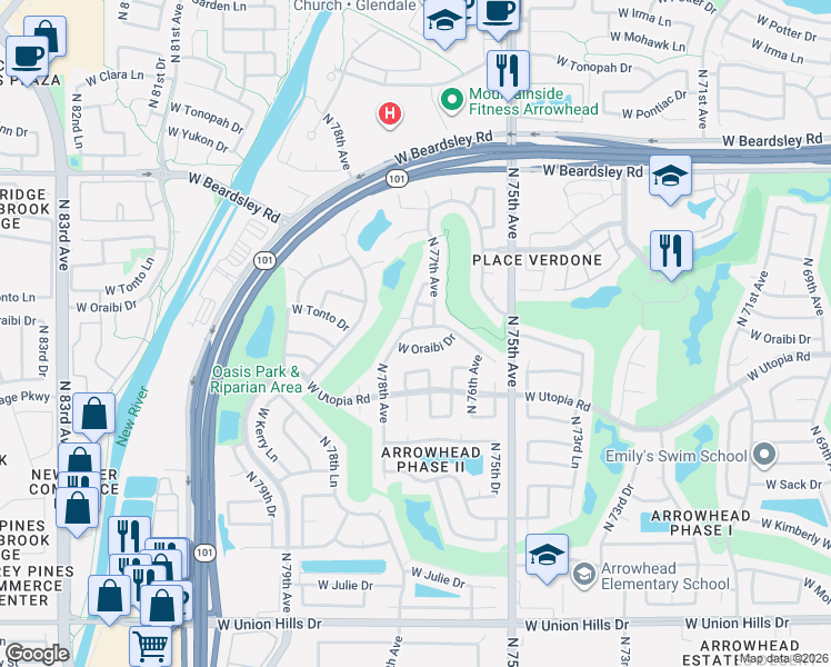 map of restaurants, bars, coffee shops, grocery stores, and more near 7720 West Oraibi Drive in Glendale