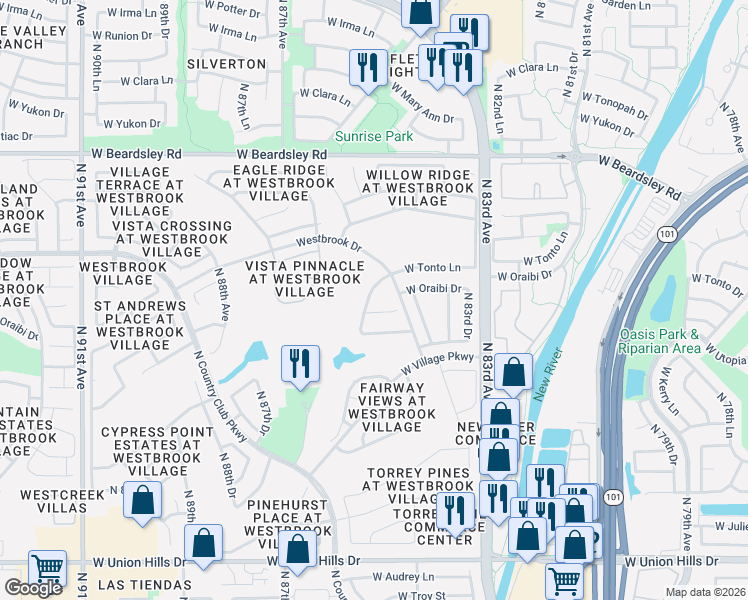 map of restaurants, bars, coffee shops, grocery stores, and more near 8503 West Oraibi Drive in Peoria