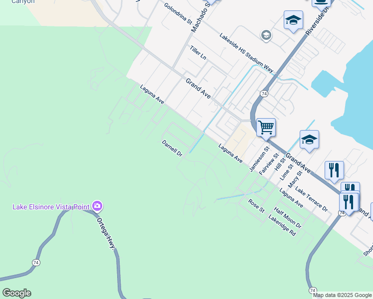 map of restaurants, bars, coffee shops, grocery stores, and more near 15195 Kingsway Drive in Lake Elsinore