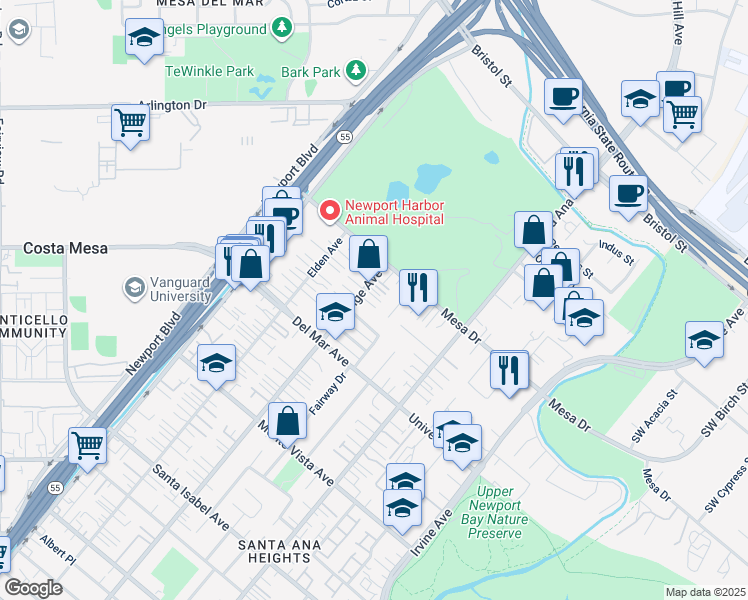 map of restaurants, bars, coffee shops, grocery stores, and more near 2655 Club Mesa Place in Costa Mesa