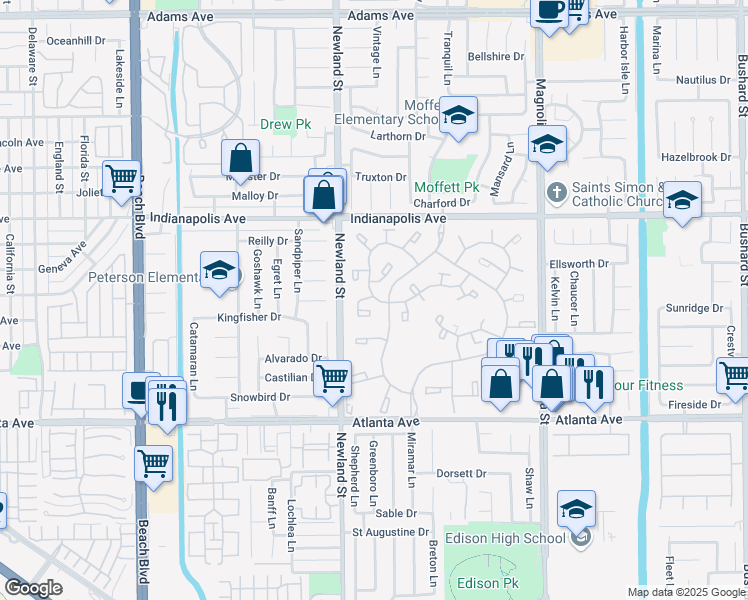 map of restaurants, bars, coffee shops, grocery stores, and more near 8566 Larkhall Circle in Huntington Beach