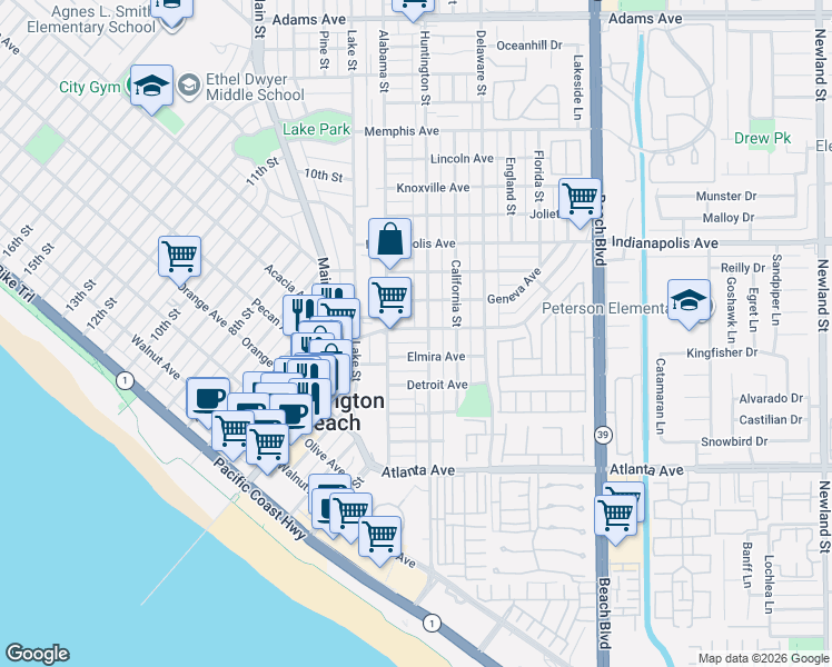 map of restaurants, bars, coffee shops, grocery stores, and more near 213 Elmira Avenue in Huntington Beach