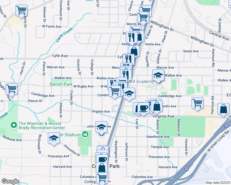 map of restaurants, bars, coffee shops, grocery stores, and more near 1824 Cambridge Avenue in College Park