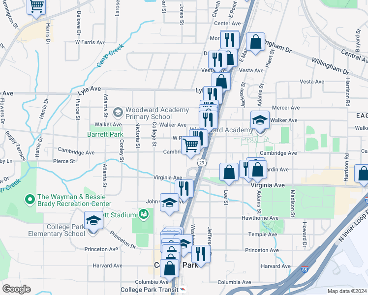 map of restaurants, bars, coffee shops, grocery stores, and more near 1824 Cambridge Avenue in College Park