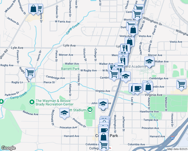 map of restaurants, bars, coffee shops, grocery stores, and more near 1907 Cambridge Avenue in Atlanta