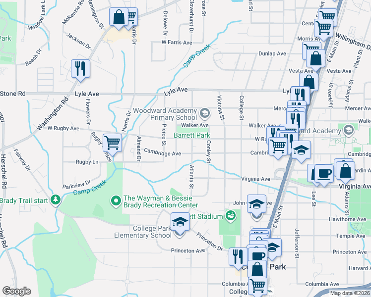 map of restaurants, bars, coffee shops, grocery stores, and more near 2051 Cambridge Avenue in College Park