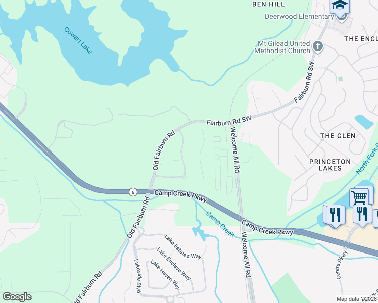 map of restaurants, bars, coffee shops, grocery stores, and more near 3400 Somerset Trail Southwest in Atlanta