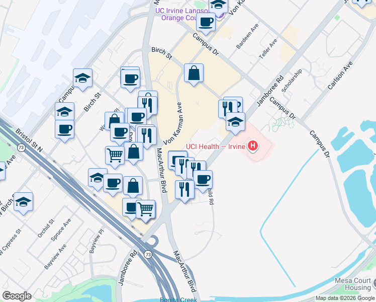 map of restaurants, bars, coffee shops, grocery stores, and more near 4261 Uptown Newport Drive in Newport Beach