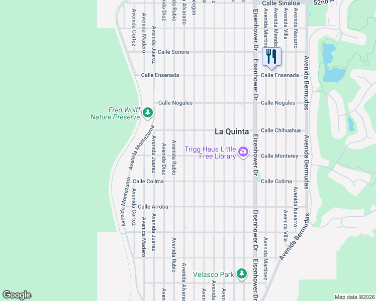 map of restaurants, bars, coffee shops, grocery stores, and more near 53200 Avenue Alvarado in La Quinta