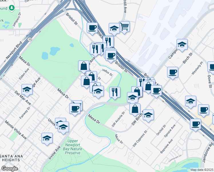 map of restaurants, bars, coffee shops, grocery stores, and more near 20192 Kline Dr in Newport Beach